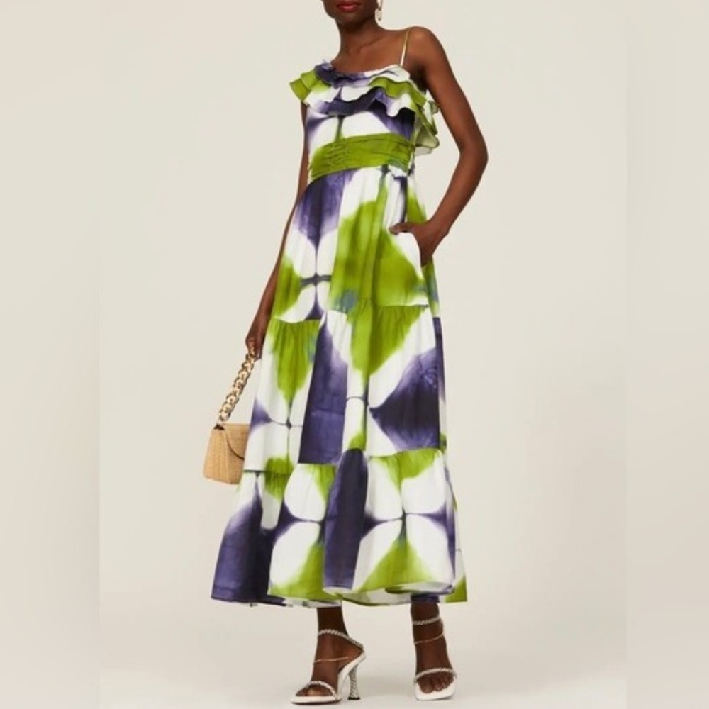 Busayo Collective Green Purple Tie Dye One Shoulder Linen Cotton Maxi Dress 12